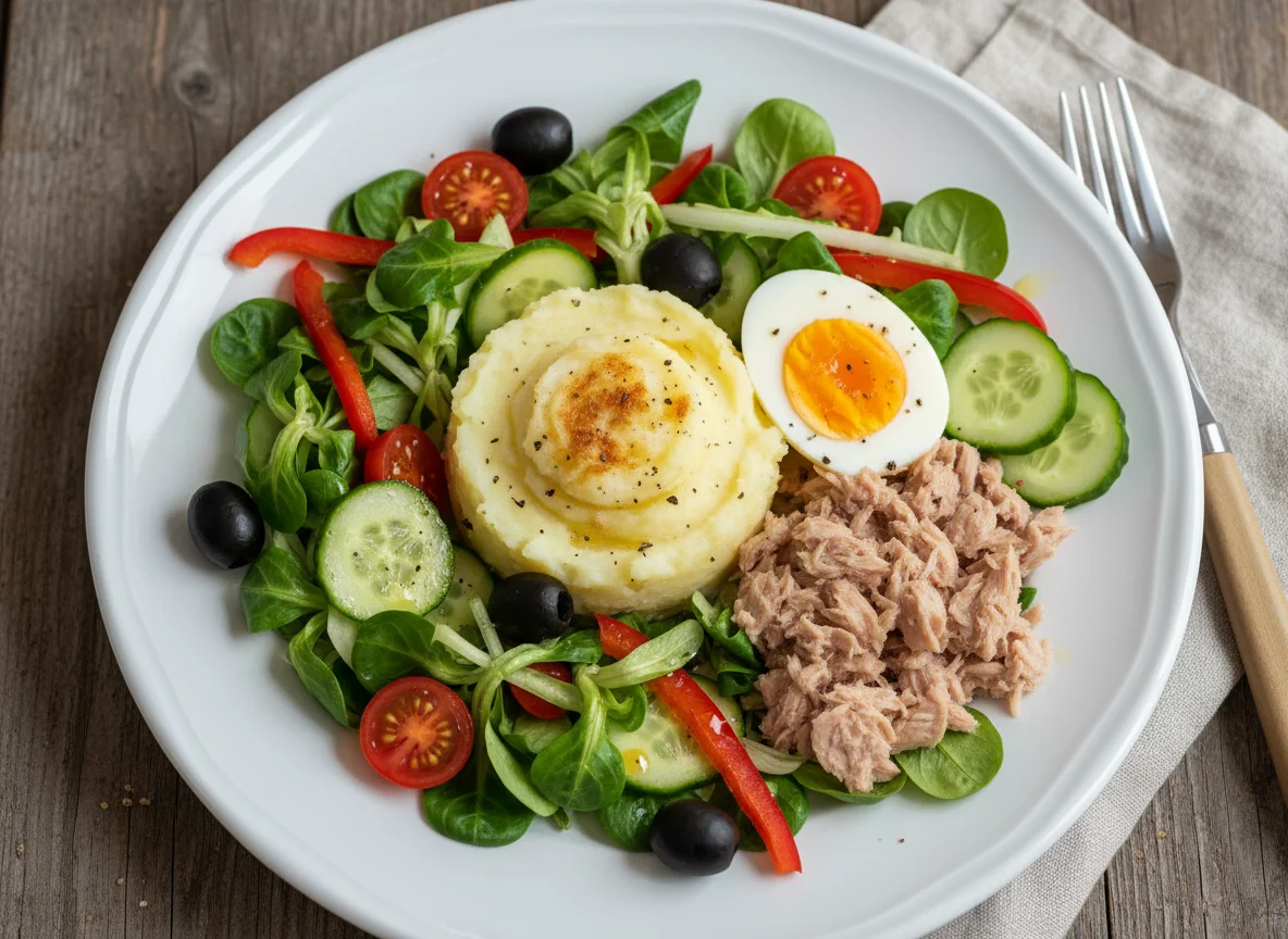 Thunfischsalat mit Kartoffelpüree und Ei photo