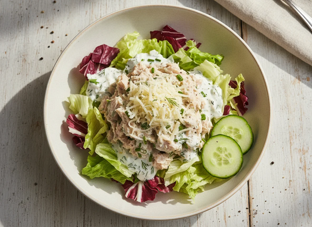 Thunfischsalat mit Käse und Dressing photo
