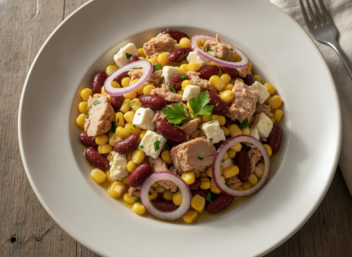 Thunfischsalat mit Mais, Kidneybohnen und Feta photo
