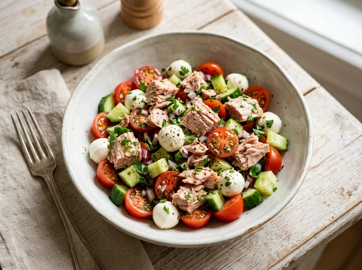 Thunfischsalat mit Mozzarella, Tomaten und Gurken photo