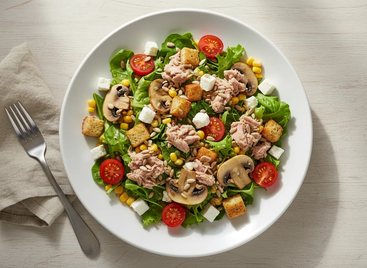 Thunfischsalat mit Pilzen und Croutons photo
