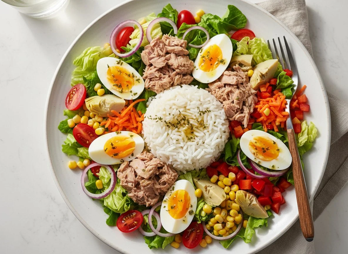 Thunfischsalat mit Reis und Ei photo