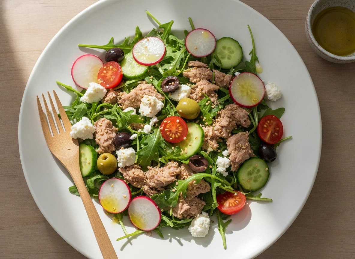 Thunfischsalat mit Rucola, Feta und Gemüse photo