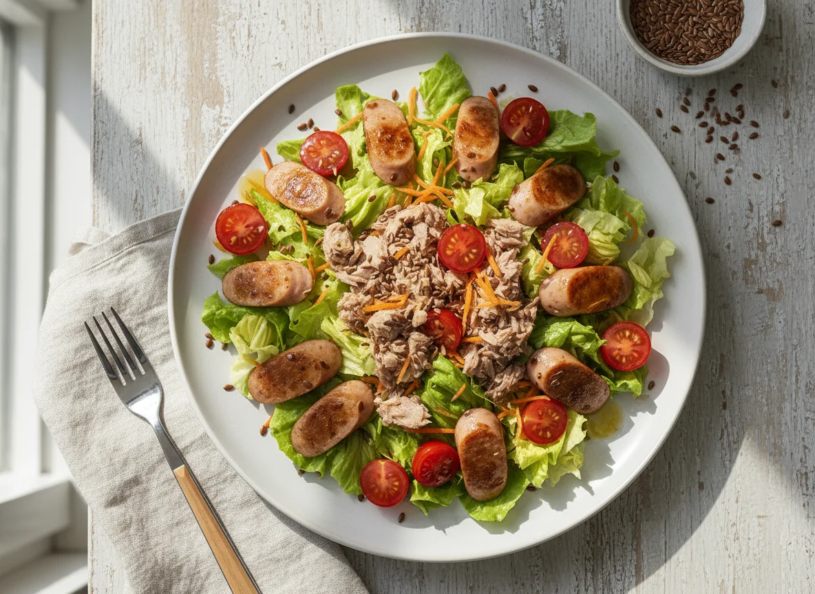 Thunfischsalat mit Würstchen und Leinsamen photo