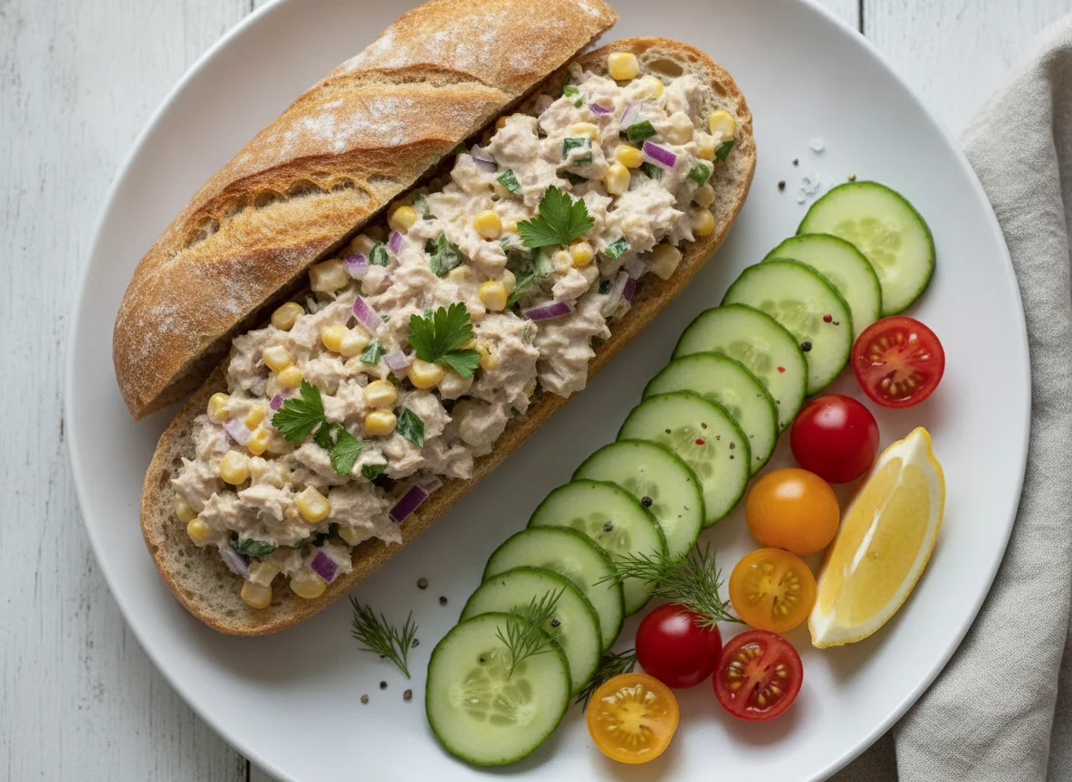 Thunfischsalat-Baguette und Gurken mit Tomaten photo