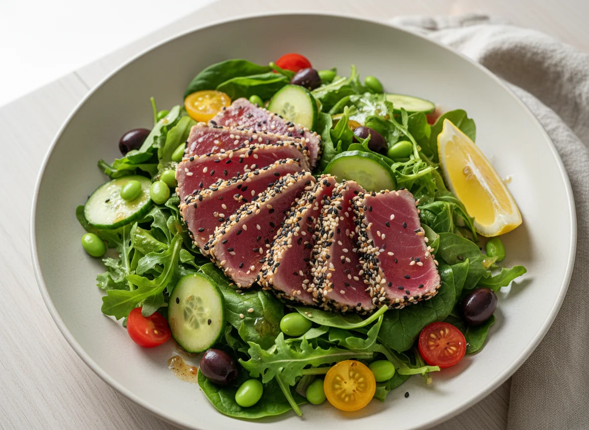 Thunfisch-Sashimi mit Sesamsamen und gemischtem Salat photo