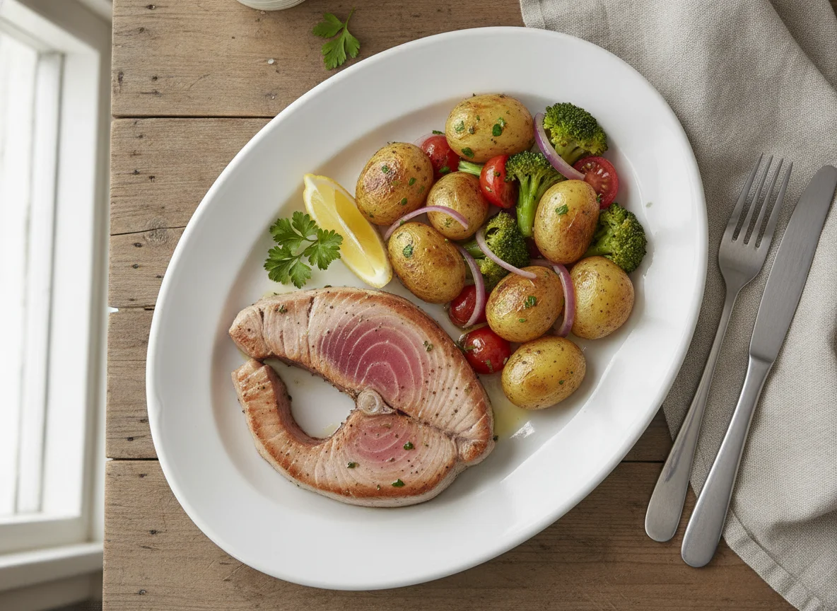Thunfischsteak mit Kartoffeln und Brokkoli-Tomaten-Gemüse photo