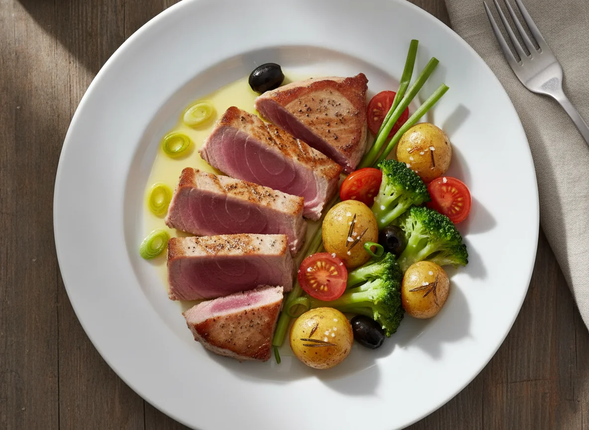 Thunfischsteak mit Kartoffeln und Gemüse photo