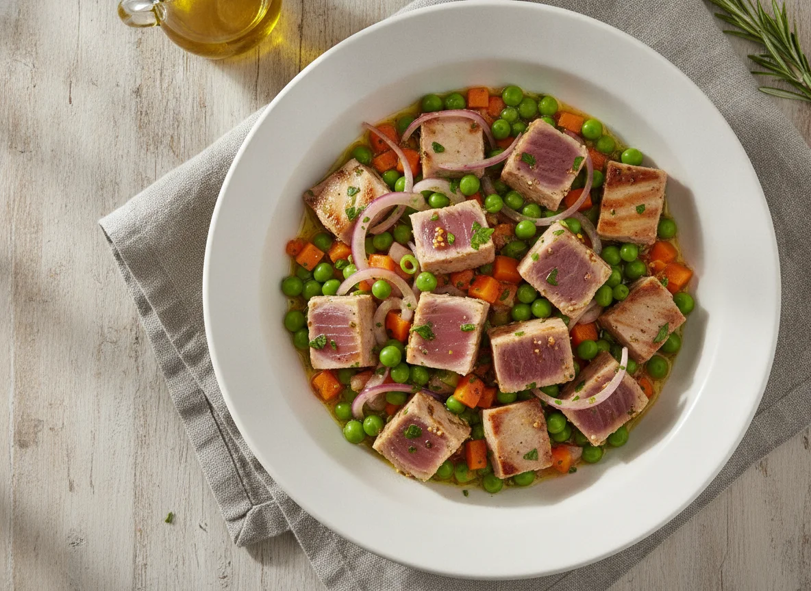 Thunfischstücke mit Gemüse in Dressing photo