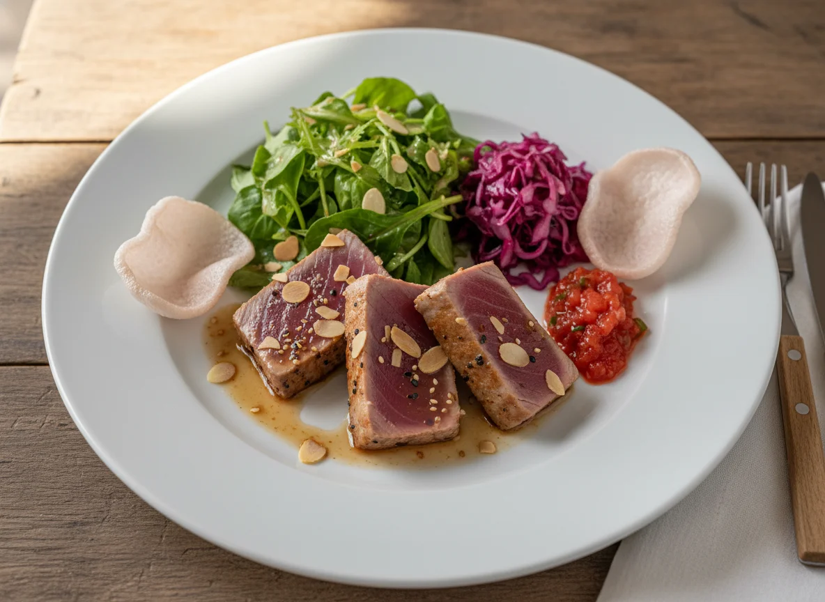 Thunfischtataki mit Salat und Rotkohl photo