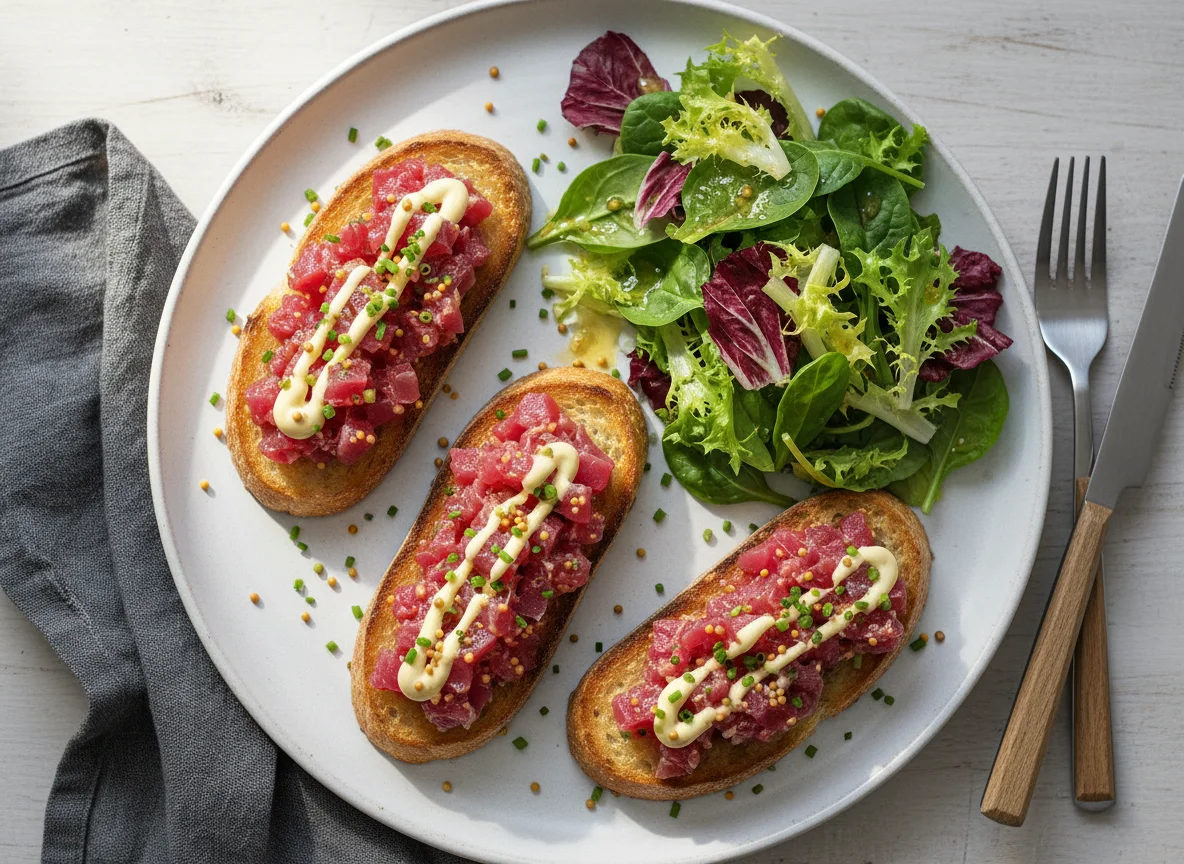Thunfisch-Tatar auf Toast mit Salat photo