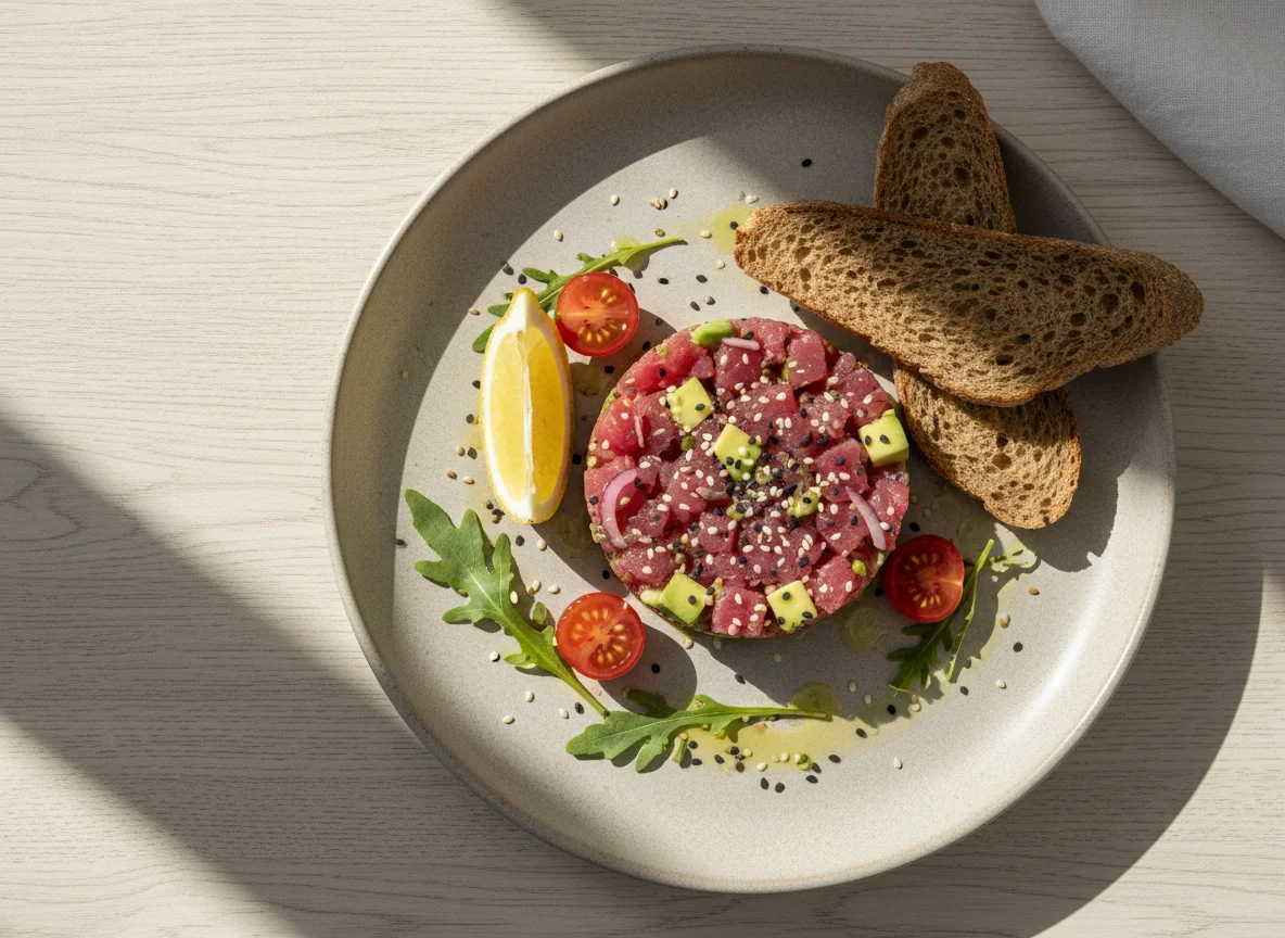 Thunfisch-Tatar mit Avocado und Toast photo