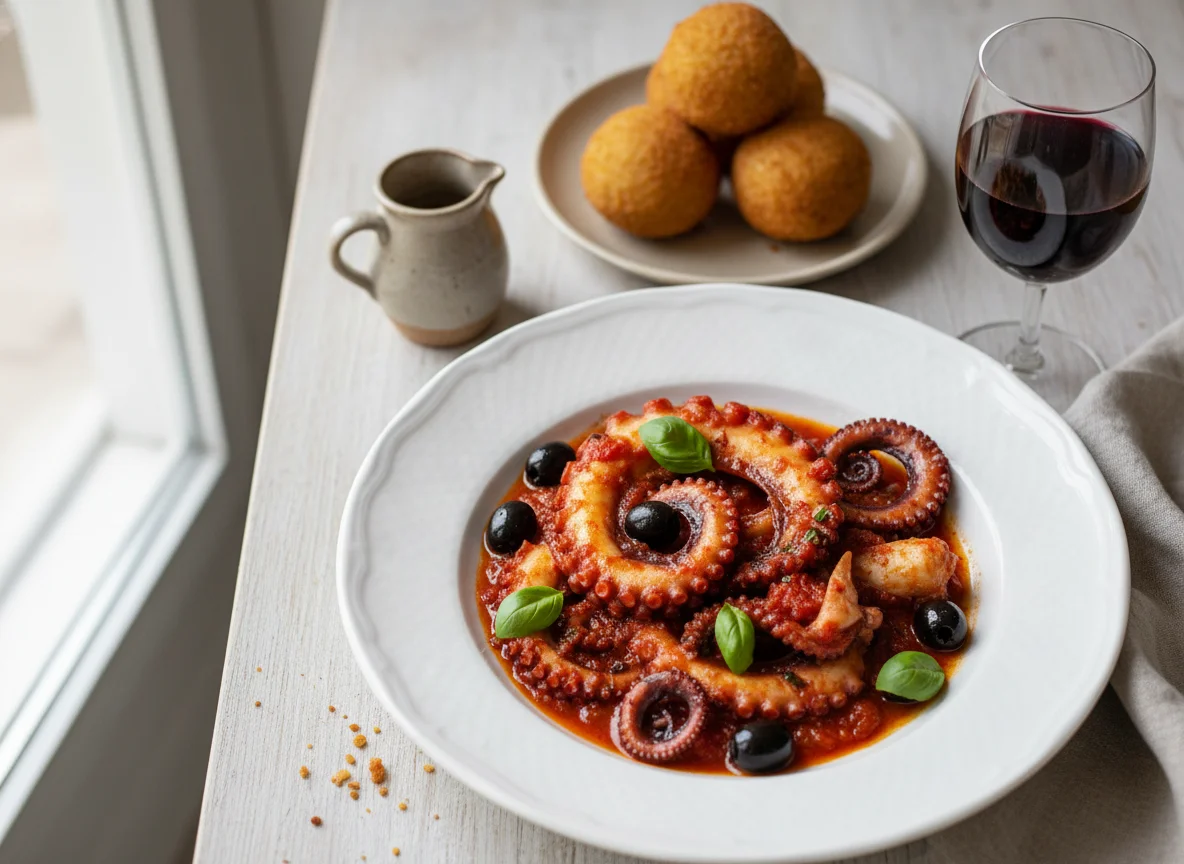 Tintenfisch mit Tomatensauce und Oliven, dazu Arancini und Rotwein photo