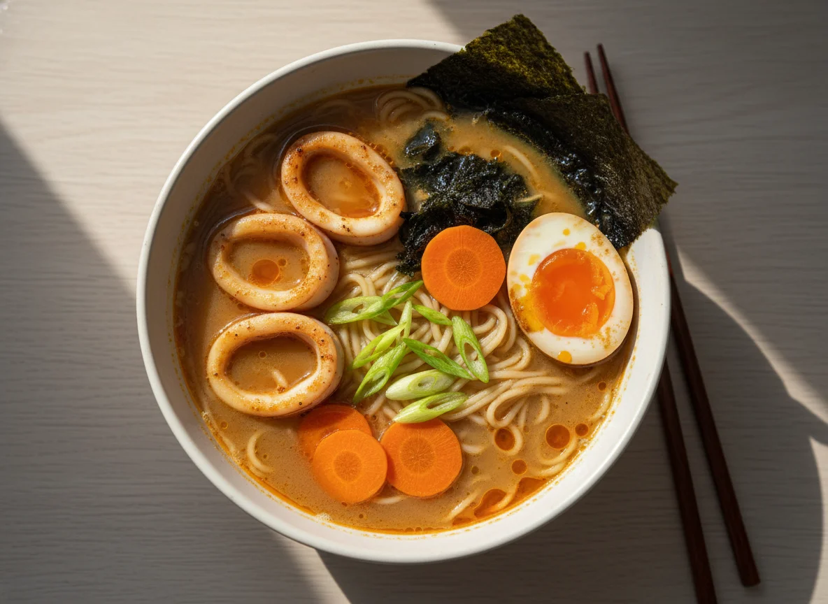 Tintenfisch-Ramen mit Ei und Nori photo