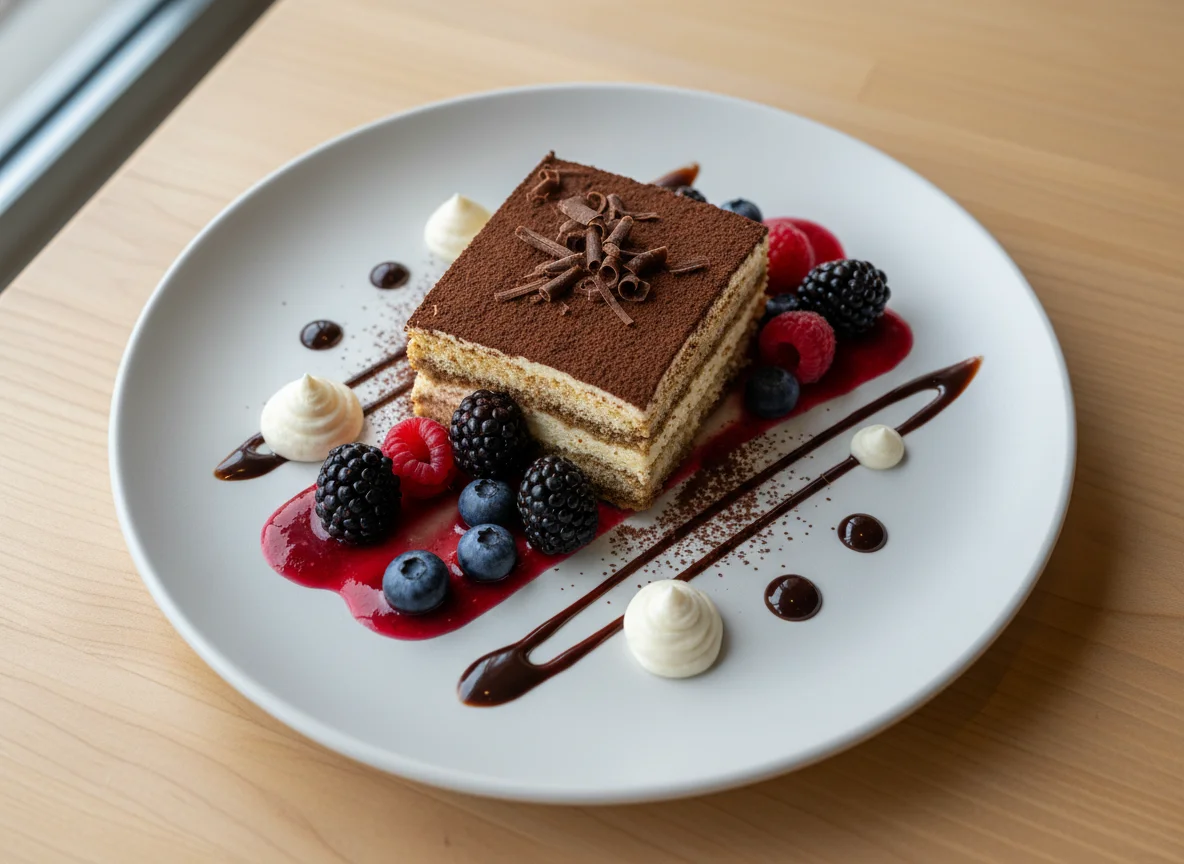 Tiramisu mit Beeren und Saucen photo