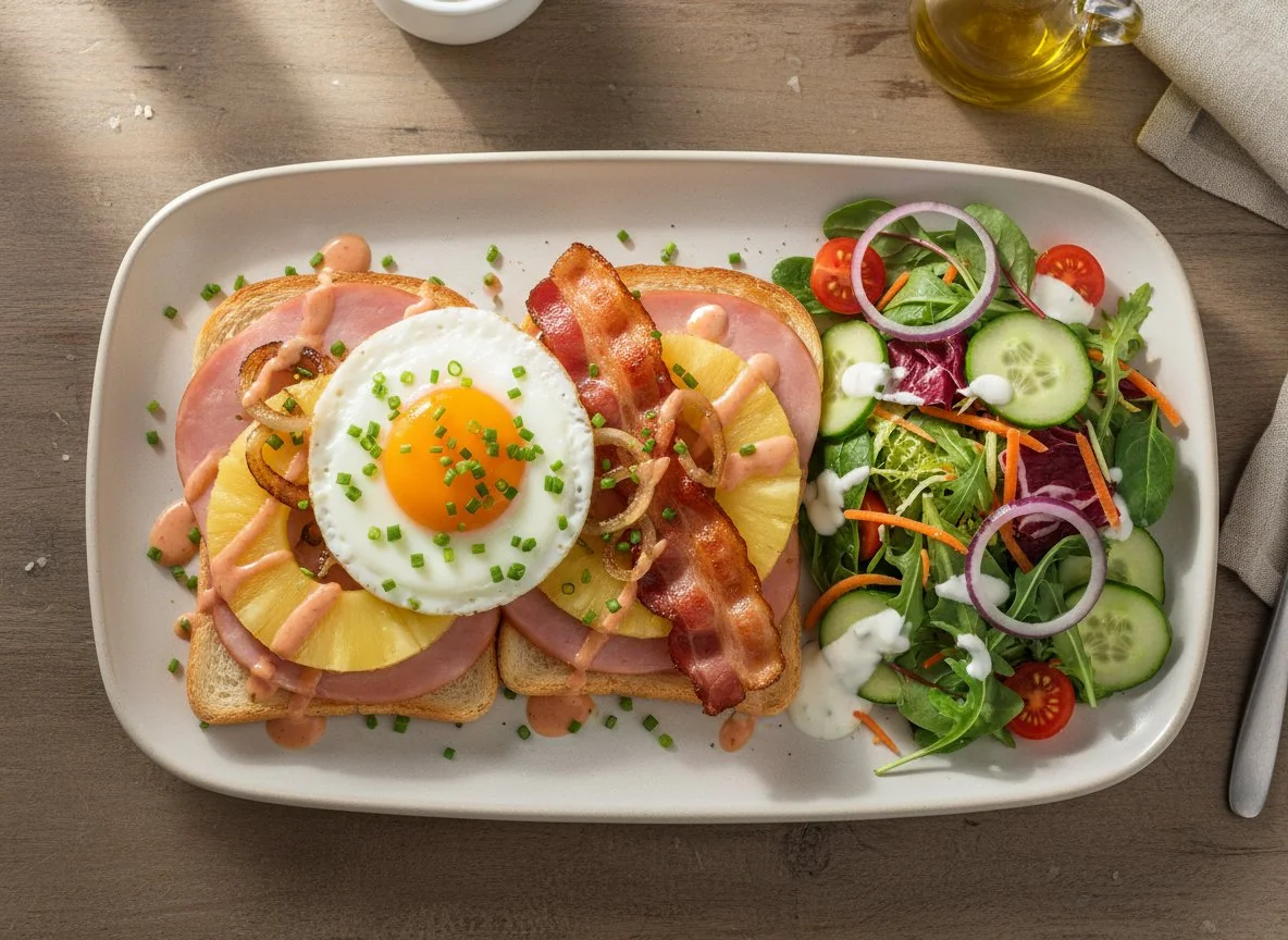 Toast Hawaii mit Spiegelei, Speck und Salat photo