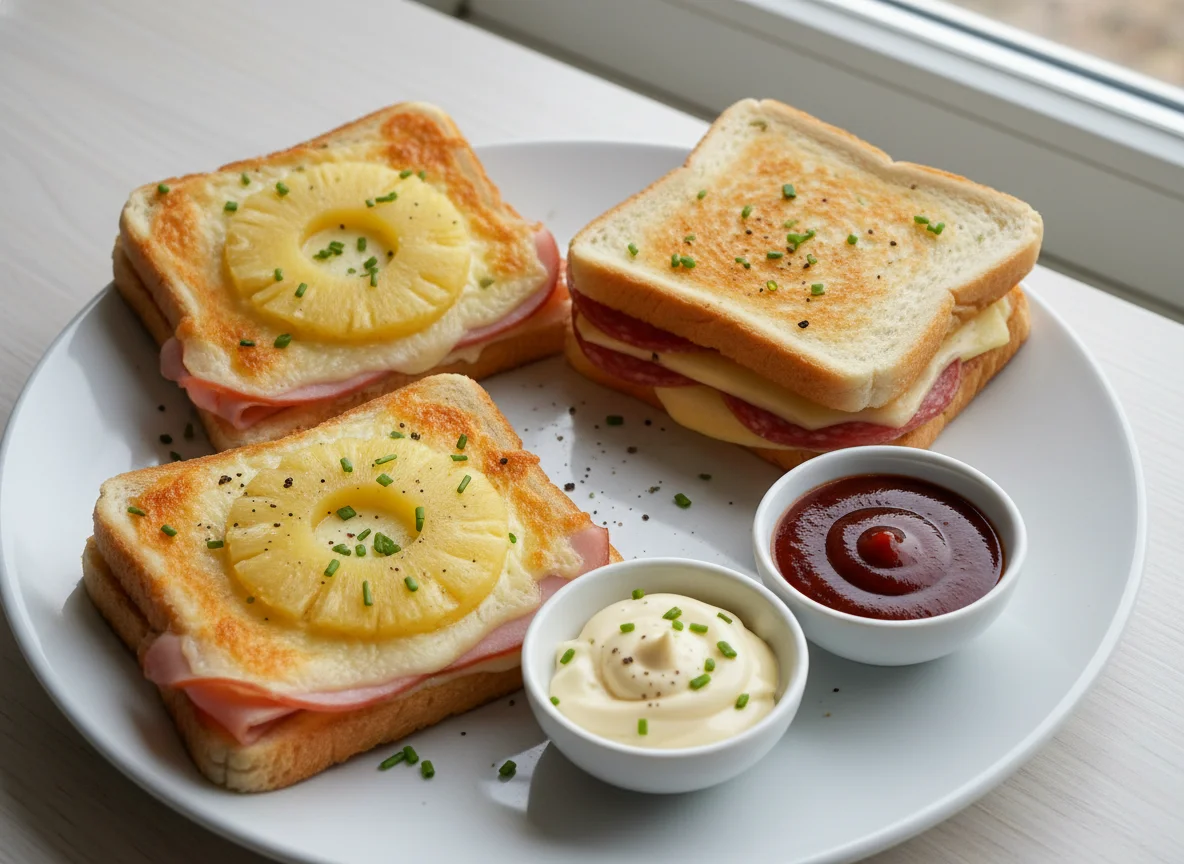 Toast Hawaii und Salami-Käse-Toast mit Dips photo
