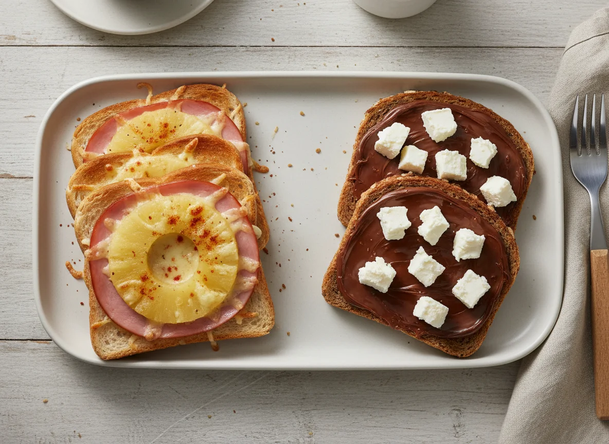 Toast Hawaii und Schokoladenbrot mit Frischkäse photo