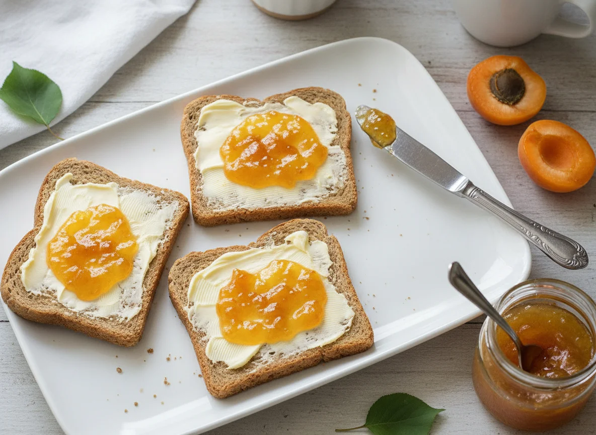 Toast mit Butter und Aprikosenmarmelade photo