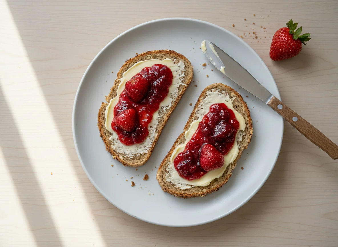 Toast mit Butter und Erdbeermarmelade photo