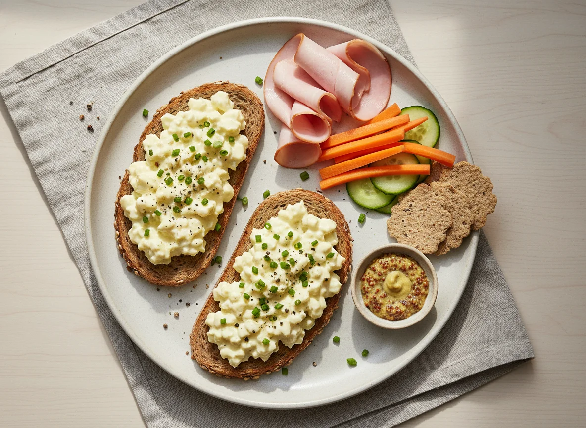 Toast mit Eiersalat, Schinken und Gemüsesticks photo