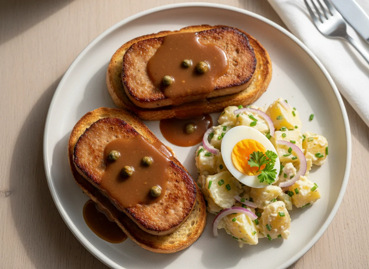 Toast mit Fleischkäse und Kartoffelsalat photo