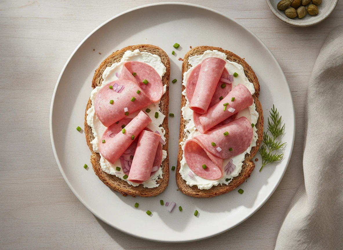 Toast mit Fleischwurst und Frischkäse photo