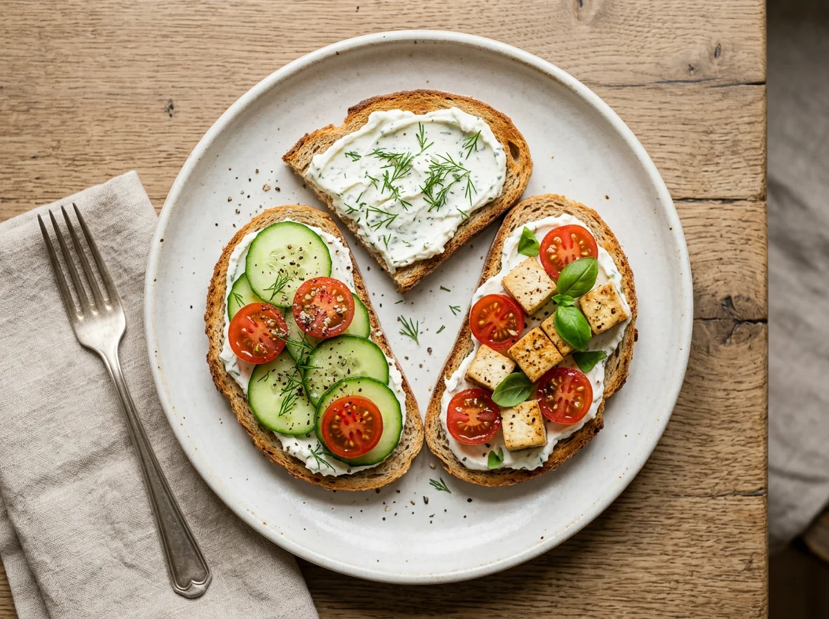 Toast mit Frischkäse, Gurken, Tofu und Tomaten photo