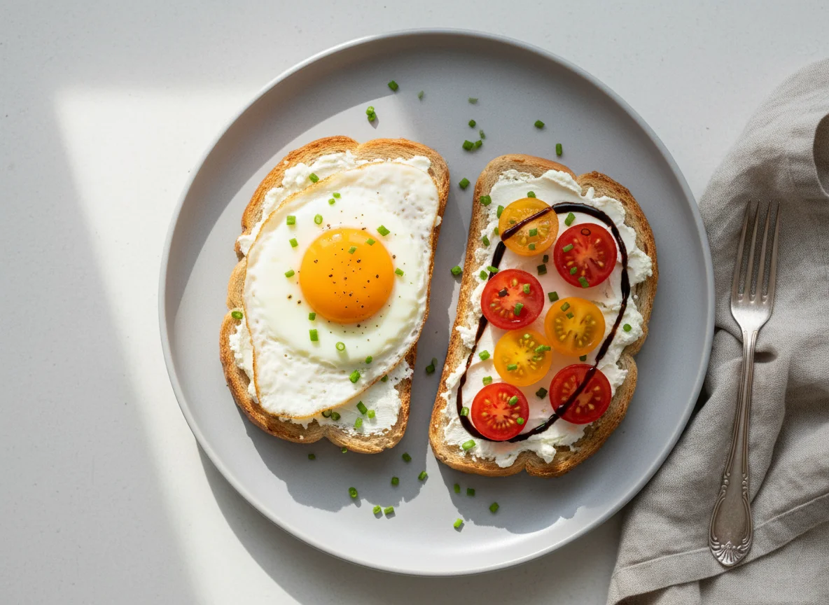Toast mit Frischkäse, Tomaten und Spiegelei photo