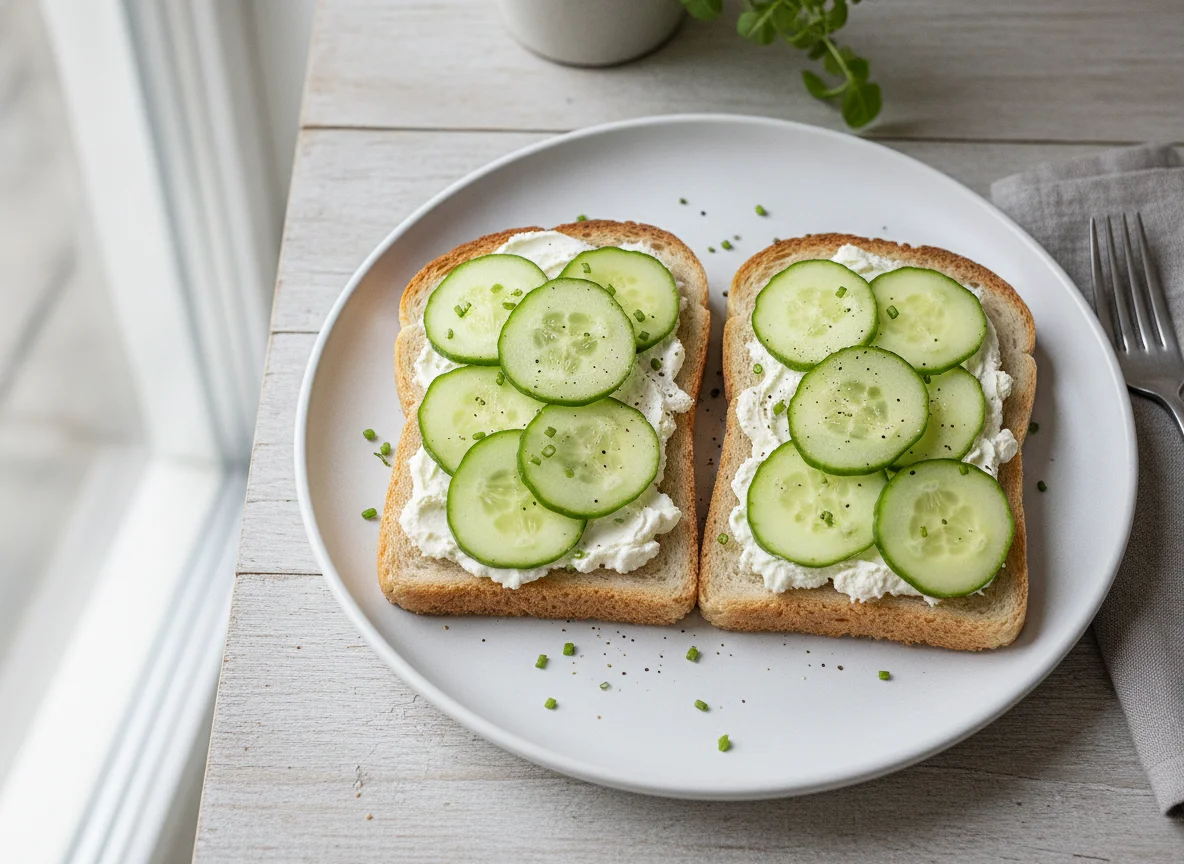Toast mit Frischkäse und Gurkenscheiben photo