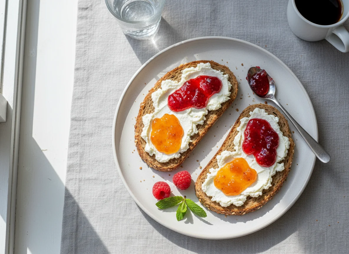 Toast mit Frischkäse und Marmelade photo