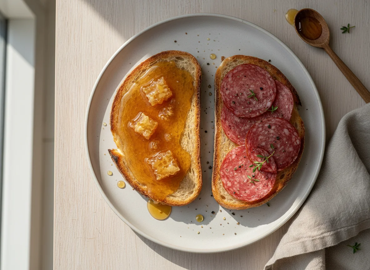Toast mit Honig und Salami photo