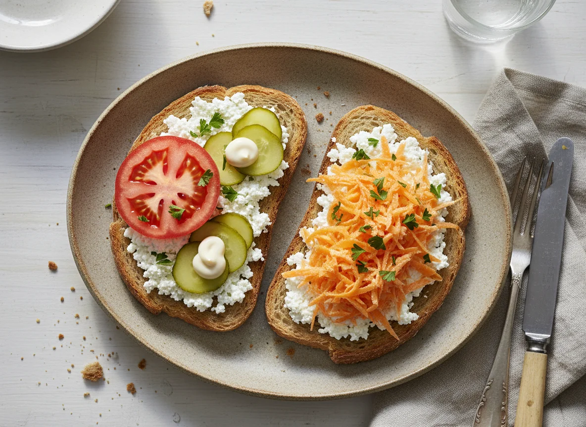 Toast mit Hüttenkäse und Gemüse photo