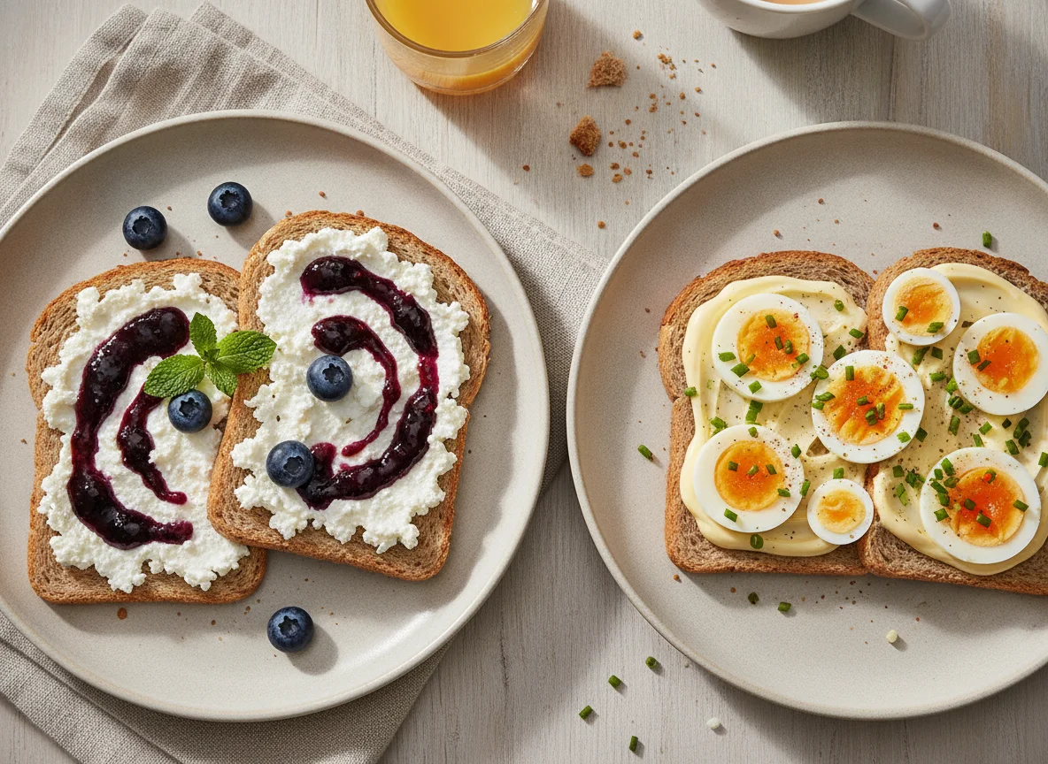 Toast mit Hüttenkäse und Marmelade, sowie Toast mit Ei und Mayonnaise photo