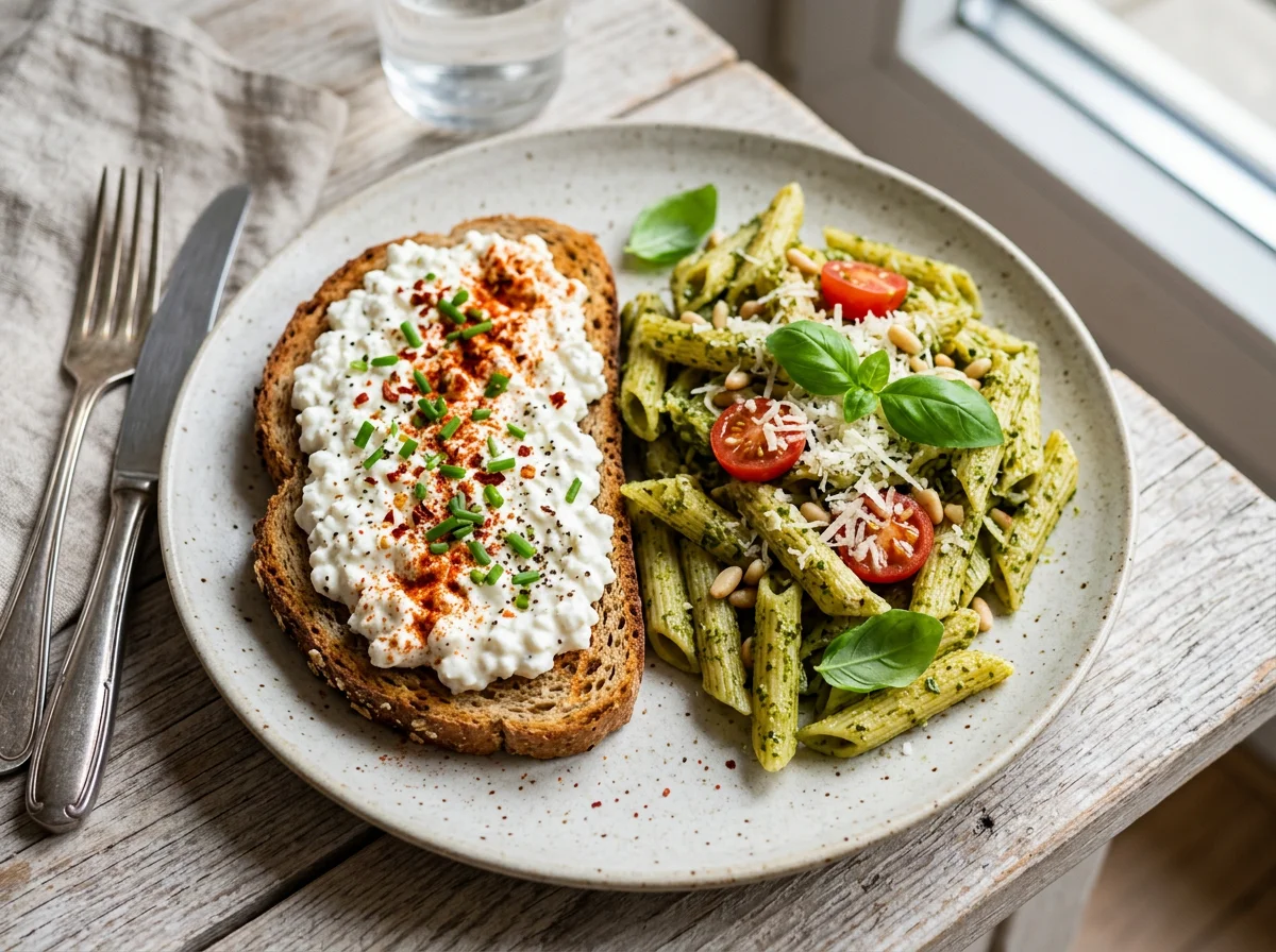 Toast mit Hüttenkäse und Nudeln mit Pesto photo