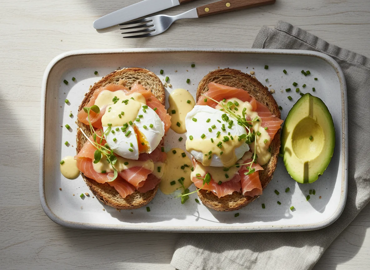 Toast mit Lachs, pochiertem Ei und Avocado photo