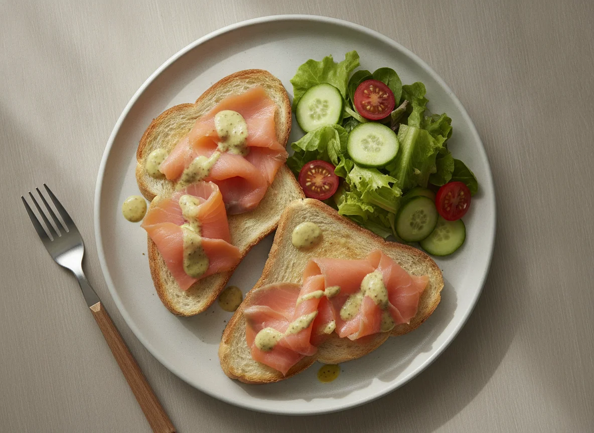Toast mit Lachs und Beilagensalat photo