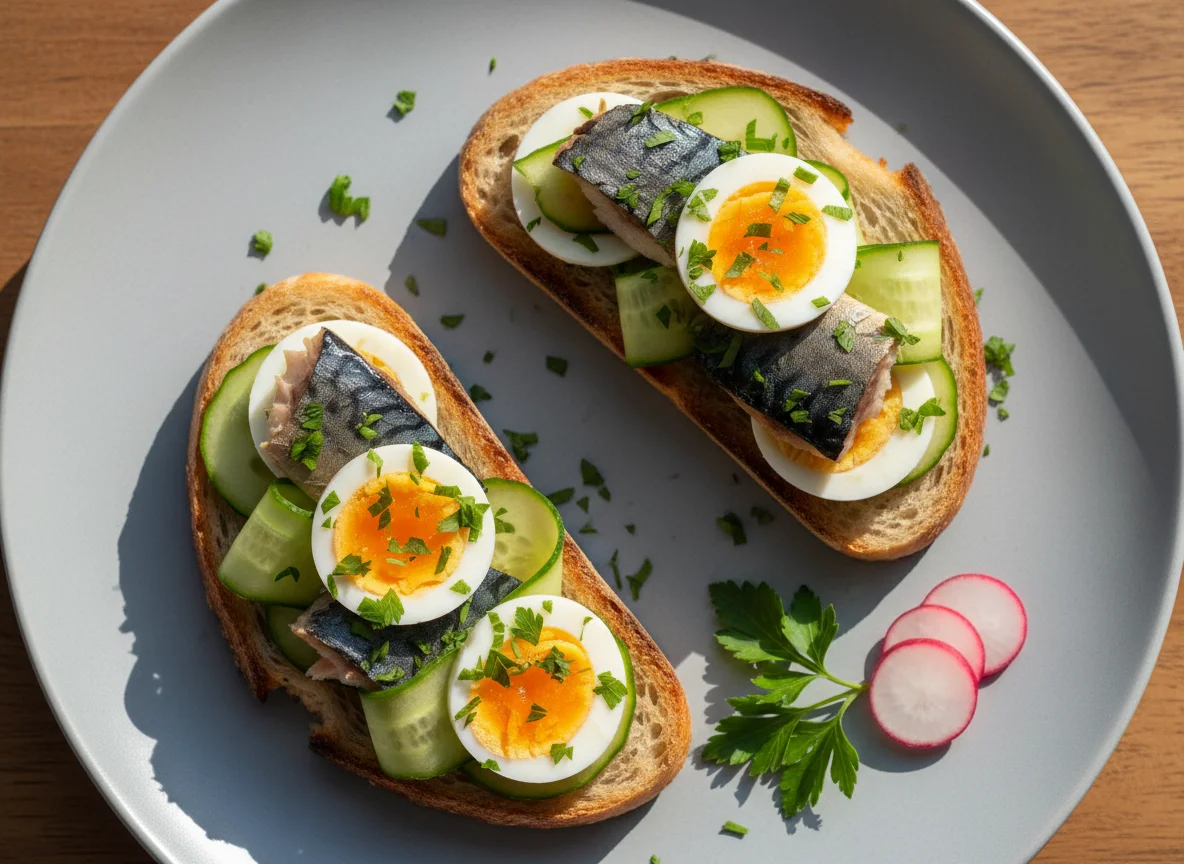 Toast mit Makrele und Ei photo