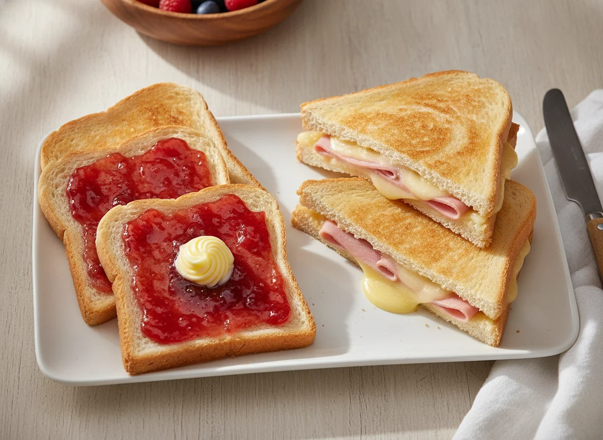 Toast mit Marmelade und Schinken-Käse-Toast photo