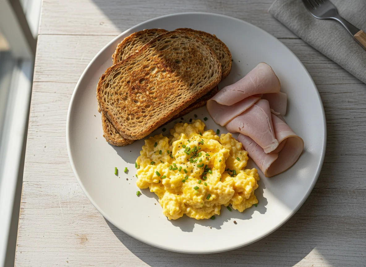 Toast mit Rührei und Schinken photo