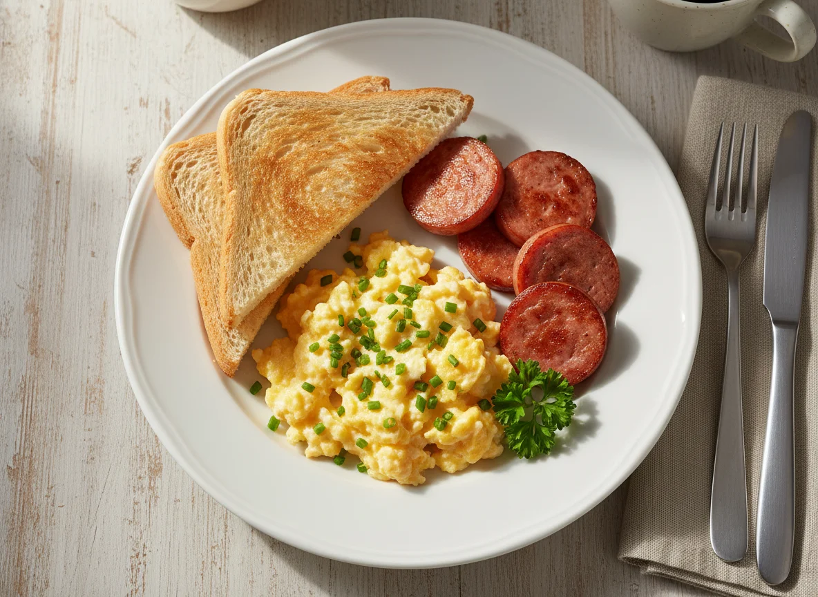 Toast mit Rührei und Wurst photo