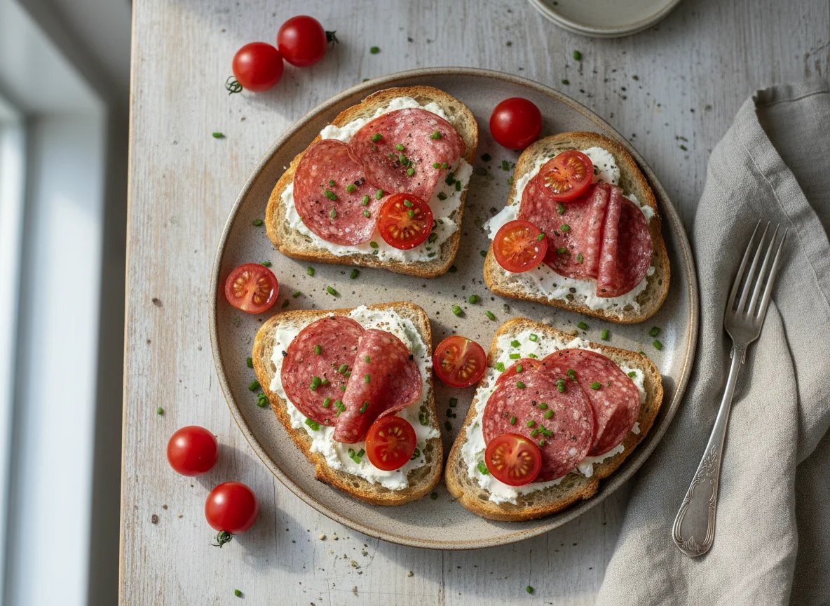 Toast mit Salami und Frischkäse-Tomaten photo