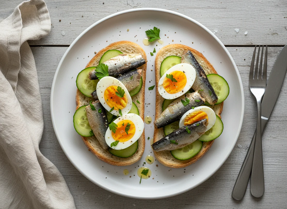 Toast mit Sardinen, Ei und Gurke photo
