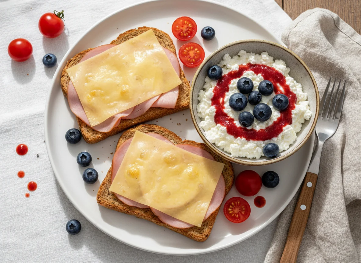 Toast mit Schinken und Käse, Hüttenkäse mit Blaubeeren und Kirschtomaten photo