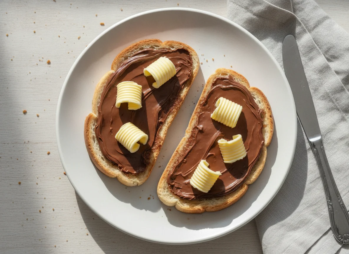 Toast mit Schokoladenaufstrich und Butter photo
