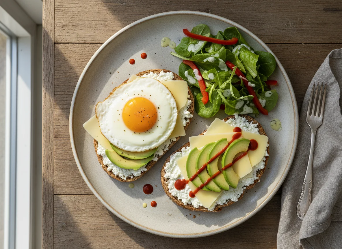 Toast mit Spiegelei, Avocado und Salat photo