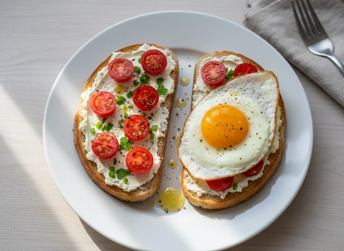 Toast mit Spiegelei, Frischkäse und Tomaten photo