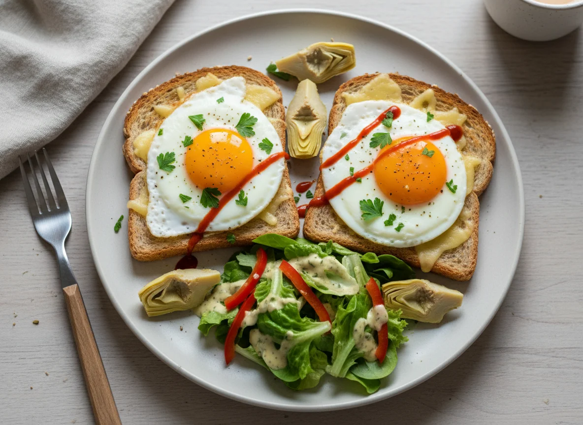 Toast mit Spiegelei, Käse, Artischocken und Salat photo