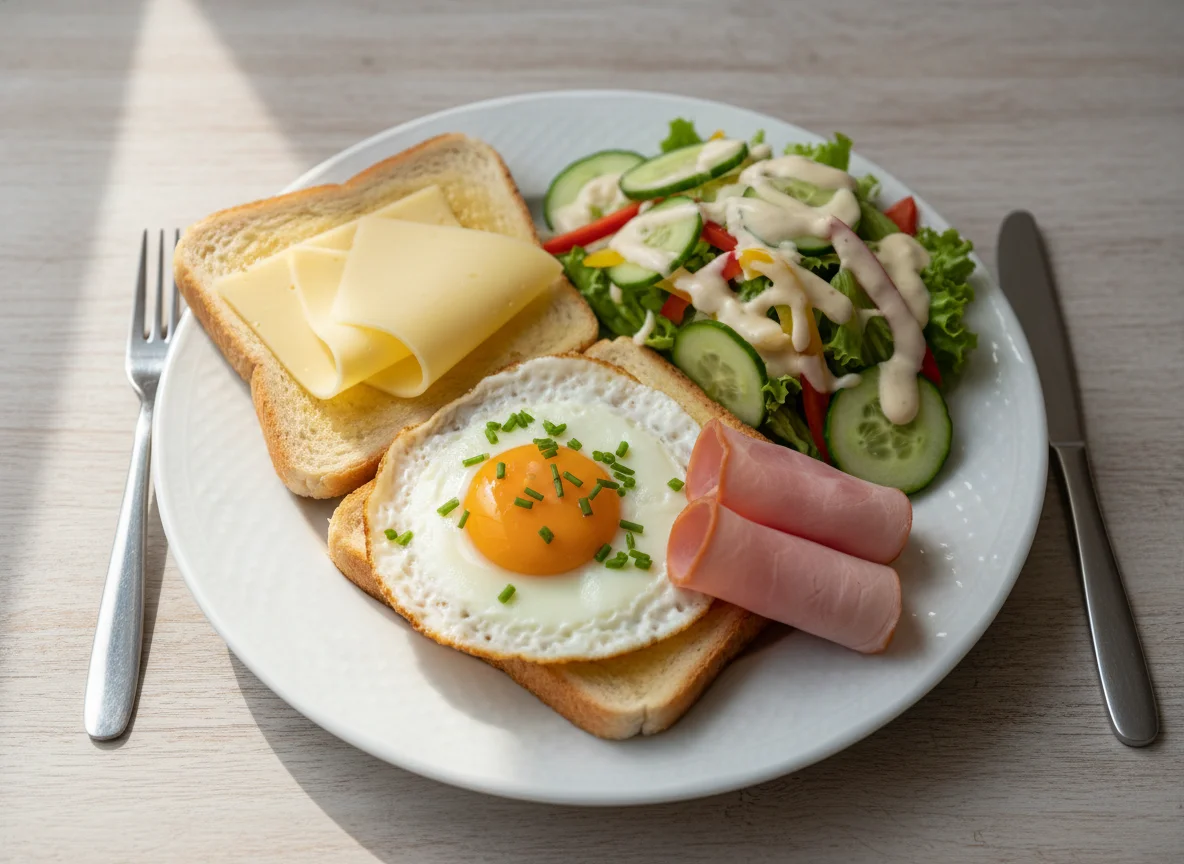 Toast mit Spiegelei, Käse, Schinken und Beilagensalat photo