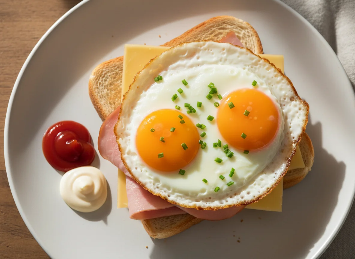 Toast mit Spiegelei, Schinken und Käse photo